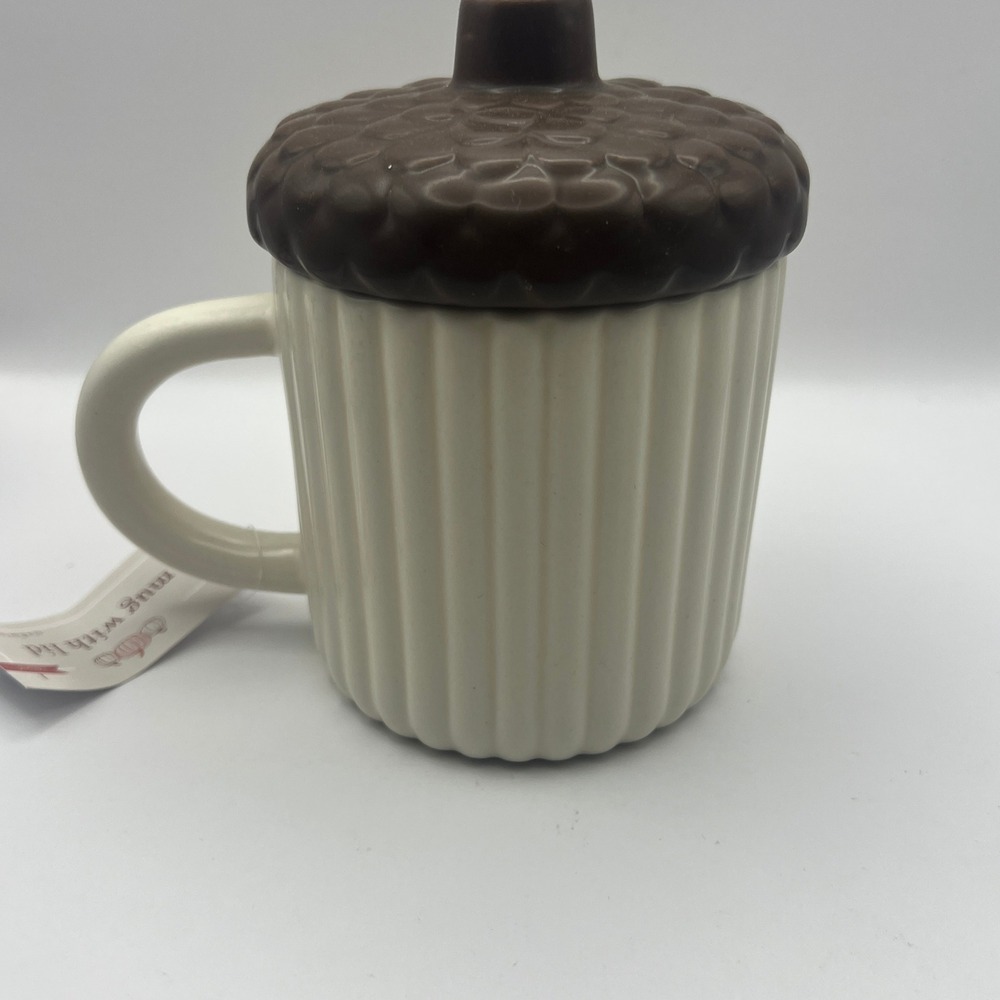 Made For Retail Acorn Mug with Lid 17.2 oz Cream Brown Ceramic Fall Cottagecore